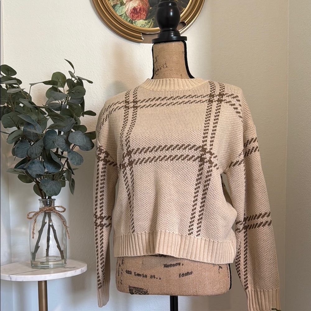 SHEIN Cream and Brown Crew Neck Sweater with Geometric Pattern